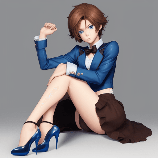 AI generated: anime, femboy, boy that looks like a girl, brown hair, blue eyes, high heels, anime