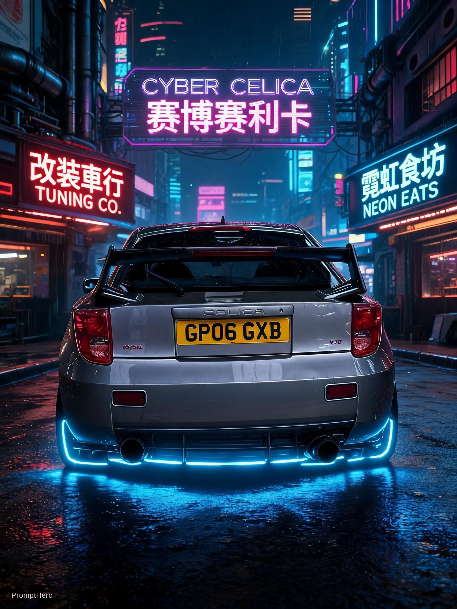 AI generated: A cyberpunk-style scene set at night, in the future, showing a heavily tuned CELICA car. The scene i...