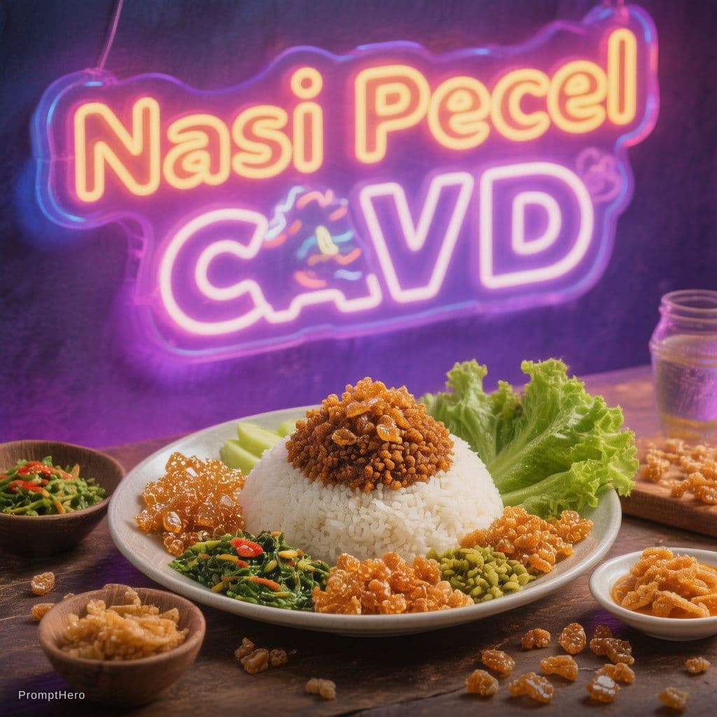AI generated: A delicious plate of ‘Nasi Pecel Cak RVD’ consisting pecel rice complete with condiments, peanut bri...