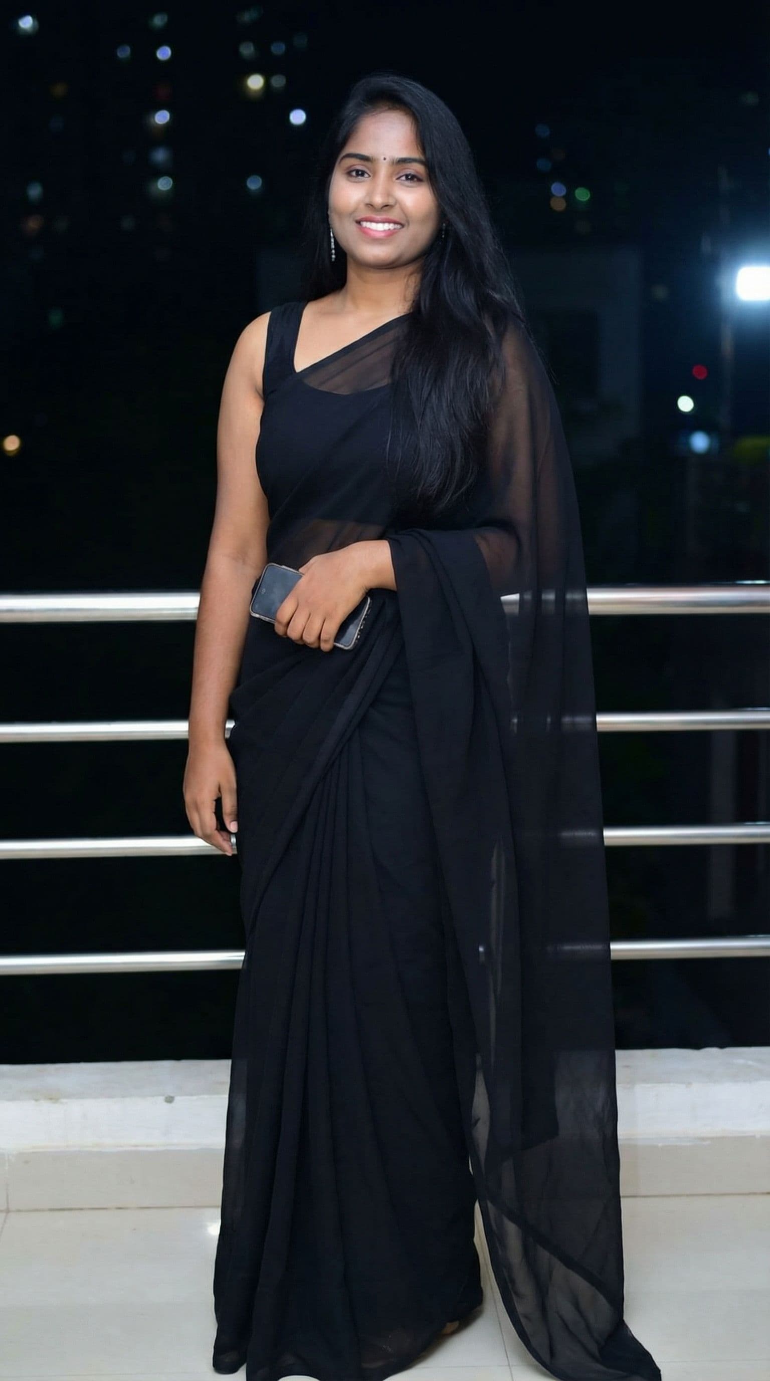 AI generated: Attached image girl standing in balcony and wear a dress sleevless with transperant black saree