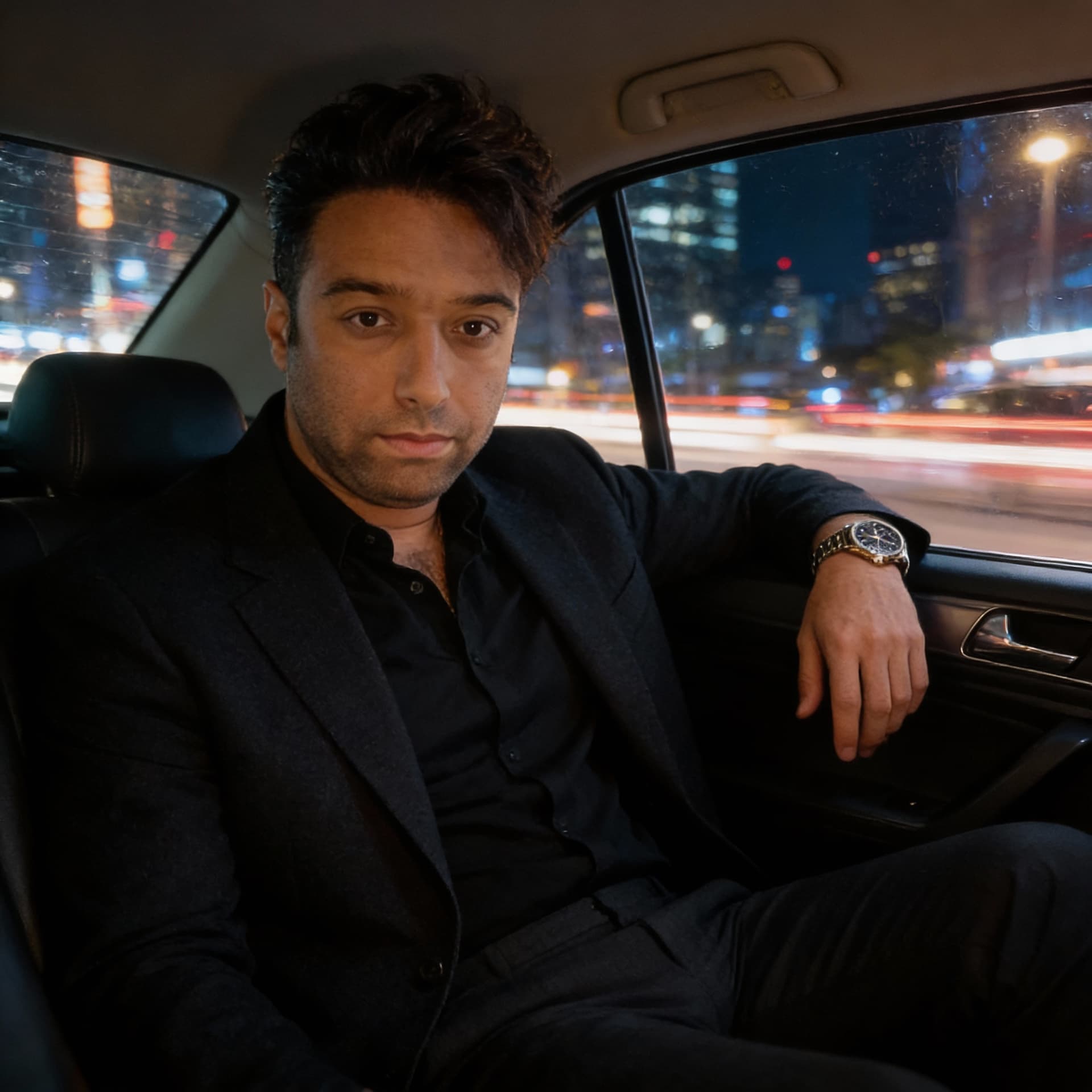 AI generated: Create a stylish night city lifestyle portrait of an adult man sitting in the back seat of a car, re...