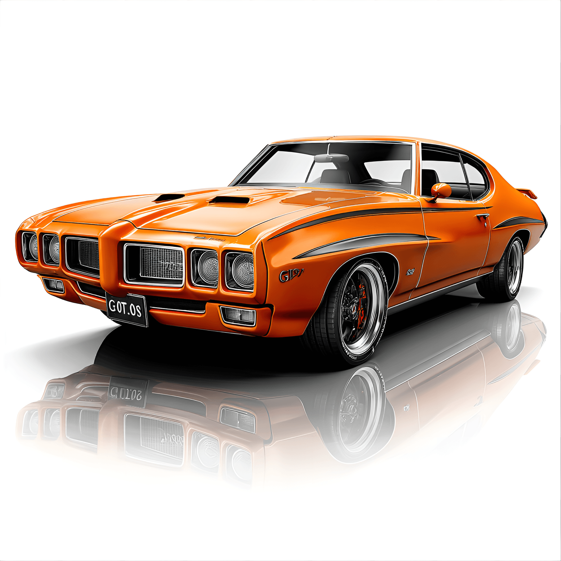 AI generated: stylish 1969 Pontiac GTO Judge, with its aggressive front end, bold paint job, and muscle
car stanc...