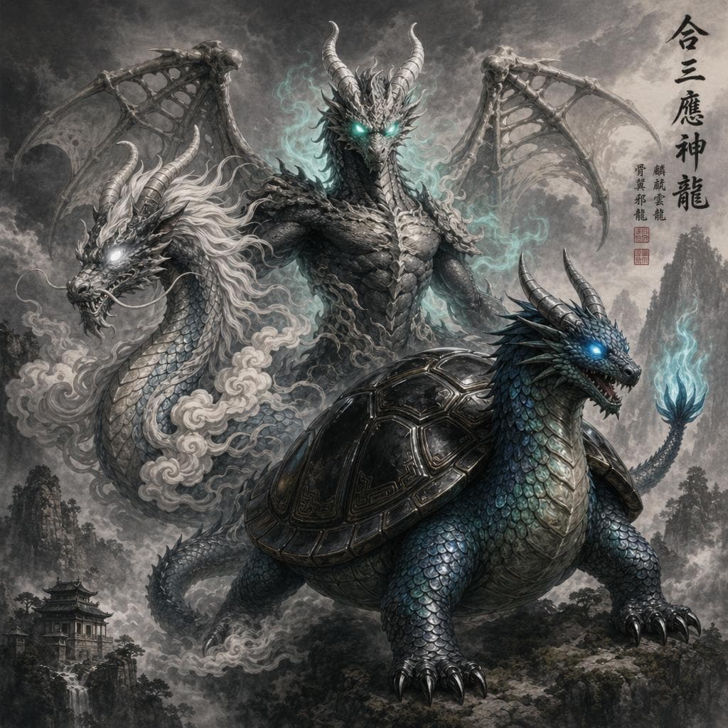 AI generated: Combine all three of these dragons - Kirin Cloud Dragon, Black Metal Turtle Dragon and the Humanoid ...