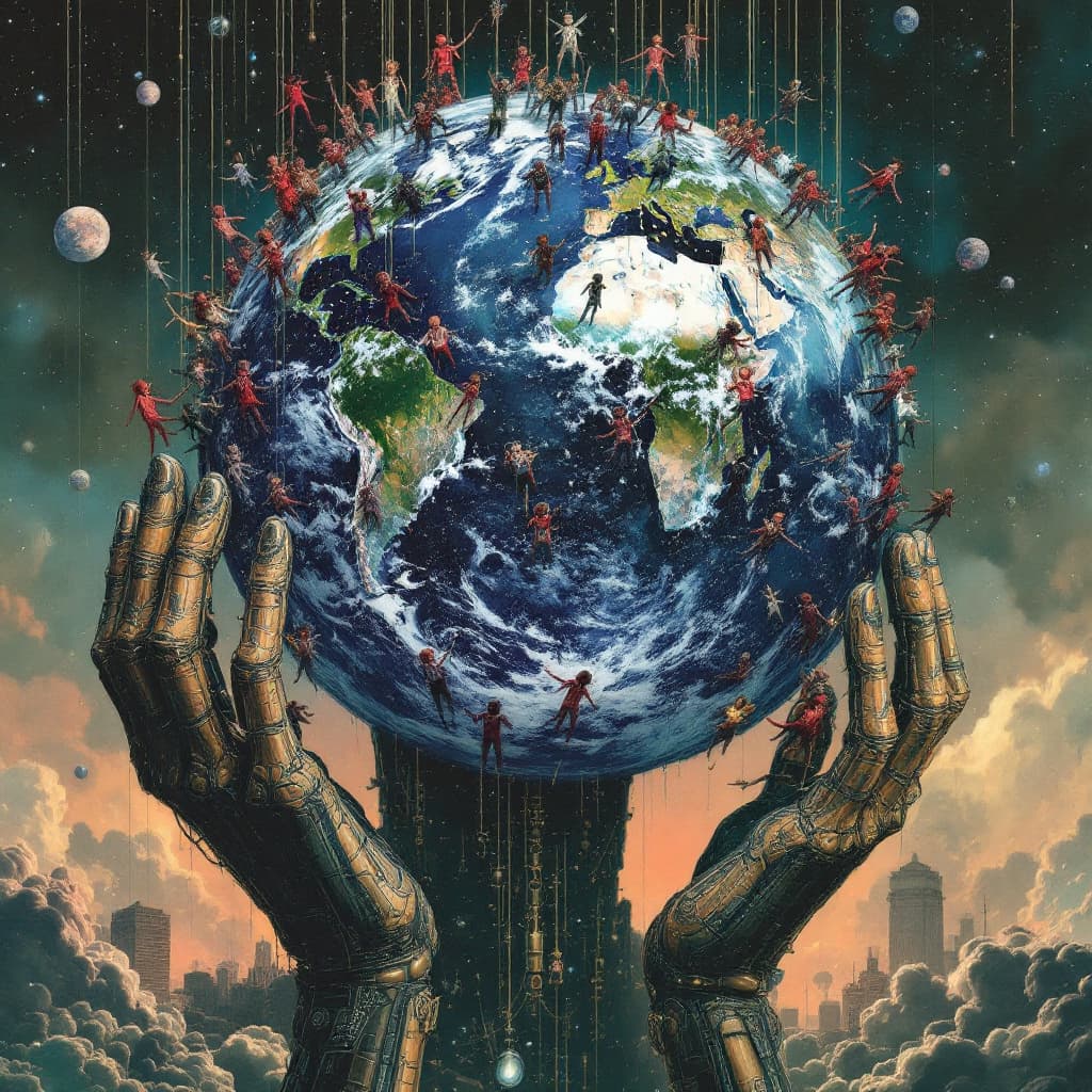 AI generated: The inhabitants of planet Earth, the overriding artificial intelligence, human puppets.