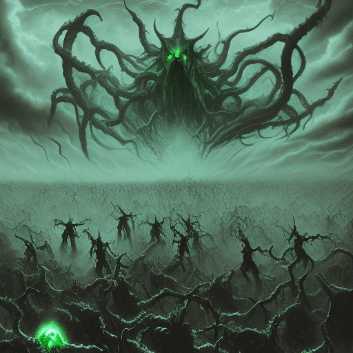 AI generated: overlord's army of shadow creatures invades a celestial realm, a clash of dark and light, shadowy te...