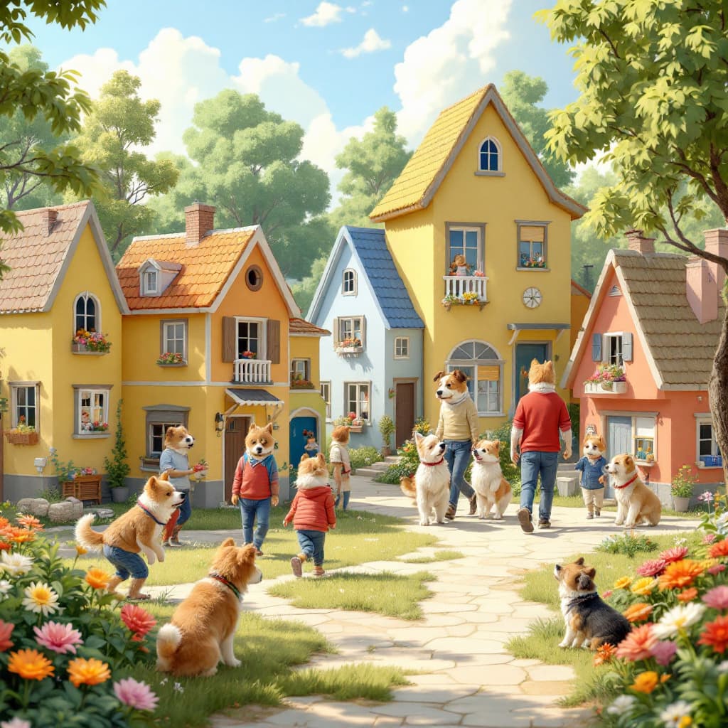 AI generated: A small village with houses shaped like 3D cubes, each one unique and colorful. The villagers are do...
