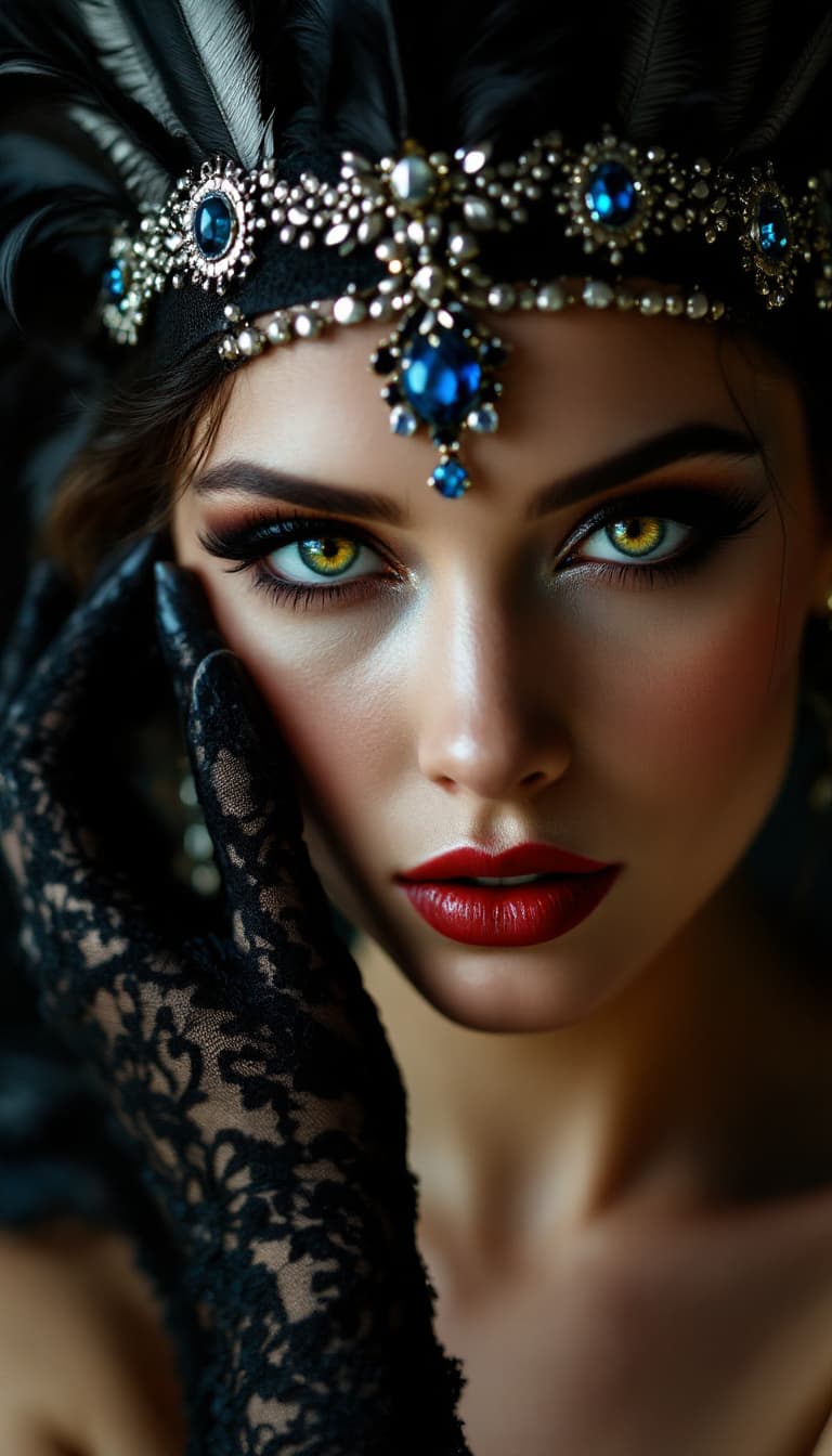 AI generated: Fine art portrait photography, warm yet dark tones, soft focus. A stylish supermodel in her early tw...