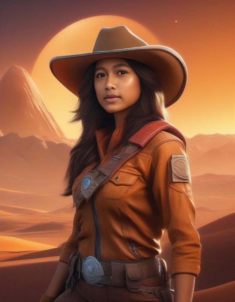 AI generated: ((best quality)), ((masterpiece)), ((realistic)), (detailed), trading card frame, female space cowbo...