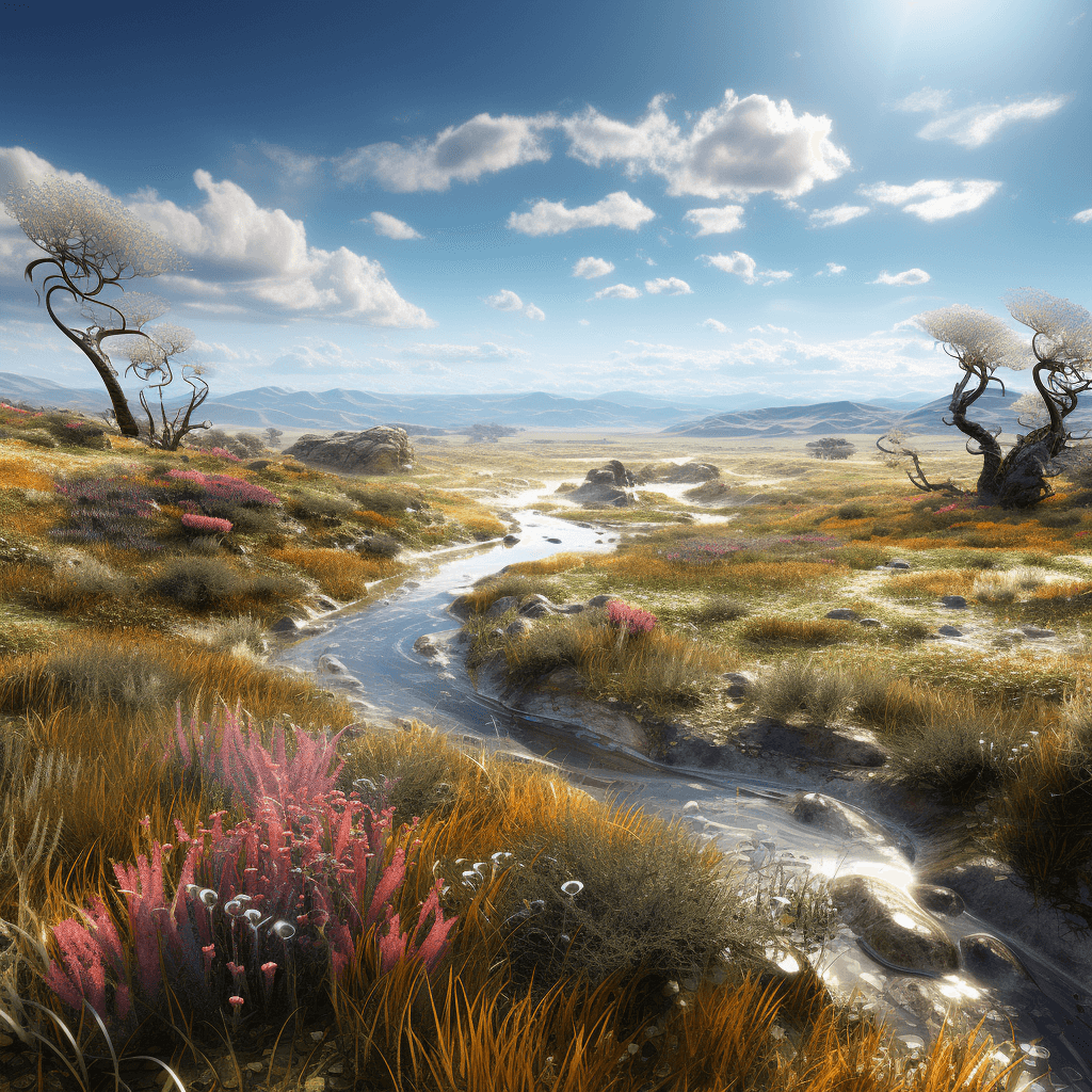 AI generated: alien grassland, ultra hd, realistic, vivid colors, highly detailed, UHD drawing, pen and ink, perfe...