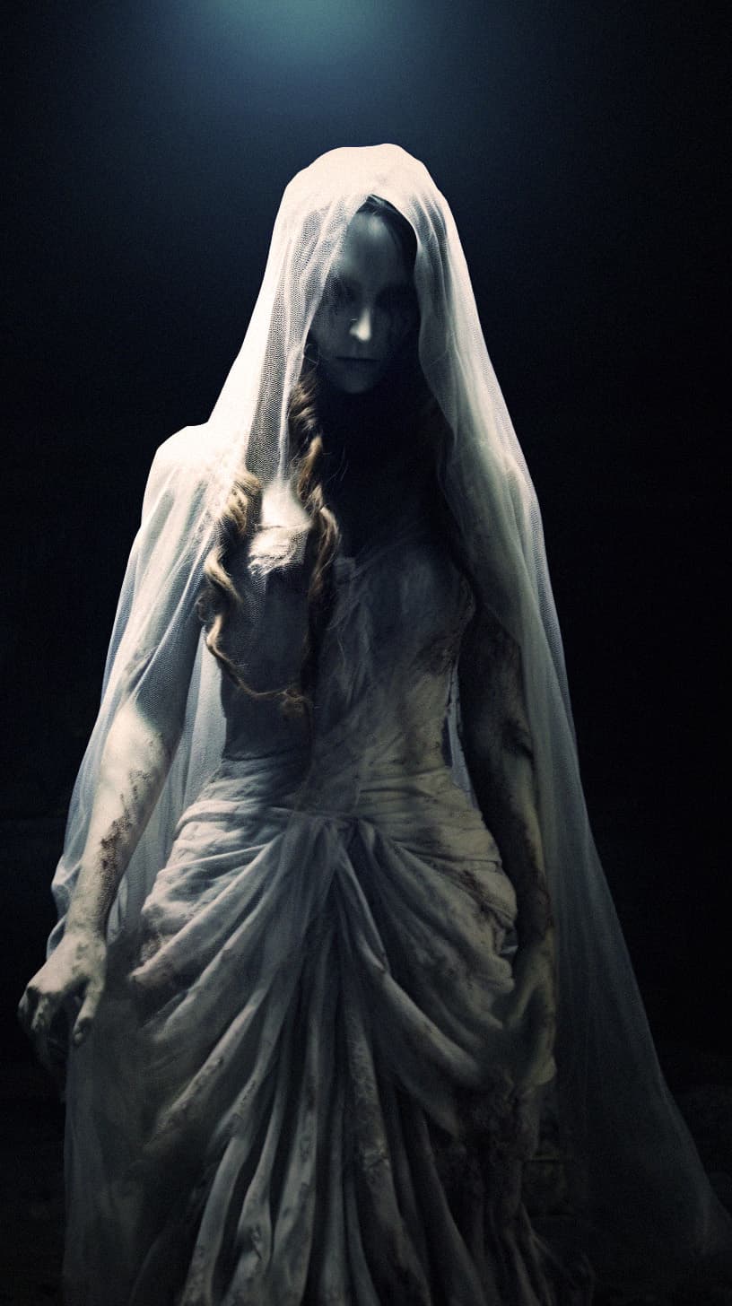 AI generated: Ghost bride, black tears, tattered bridal gown, subtle illumination, horror, dark and haunting, film...