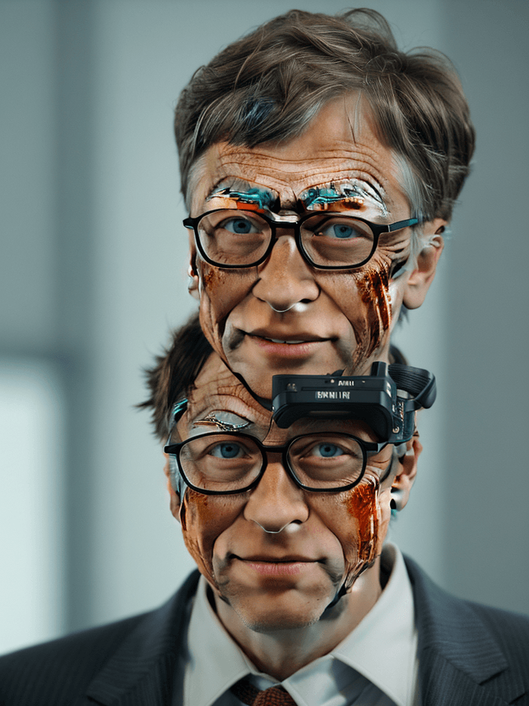 AI generated: portrait of Bill Gates getting scammed by a hacker, 8k full HD, low angle, unreal engine 5, cinemati...