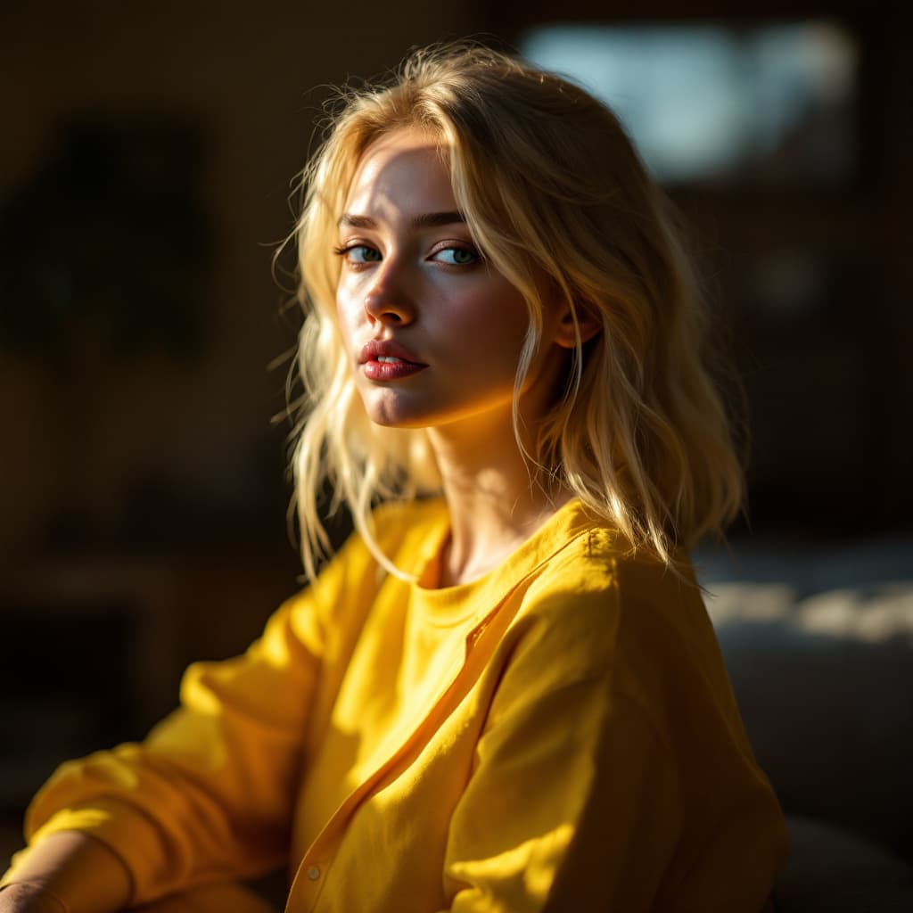 AI generated: blond girl in a yellow shirt is posing, soft, atmospheric lighting --chaos 33 --ar 1:2 --profile yru...