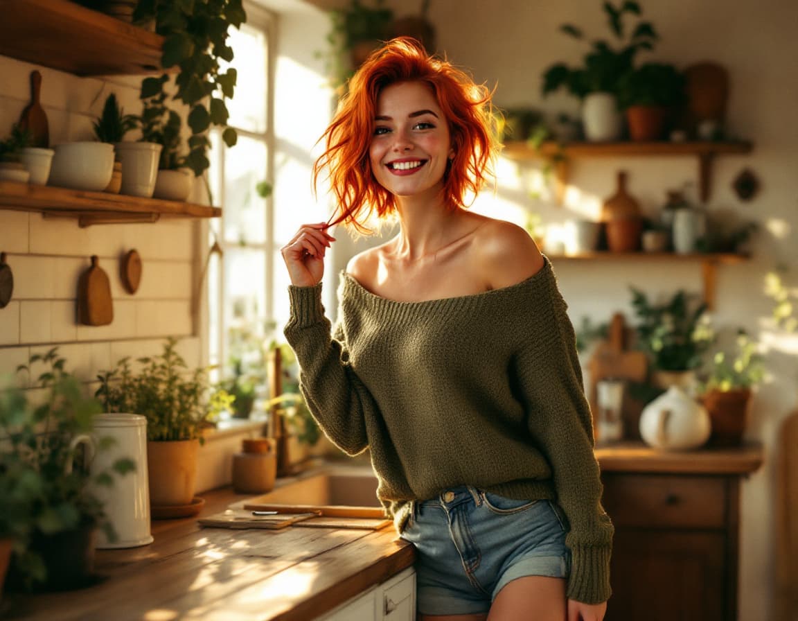 AI generated: **Prompt Alternativo**  
A cinematic photograph of a playful red-haired woman with short, tousled ha...