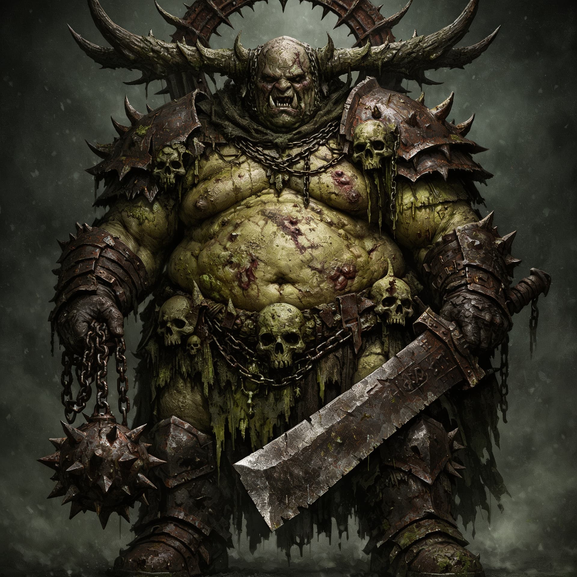 AI generated: Colorize this image to depict a devoted follower of Nurgle, embodying decay, rot, and grotesque resi...