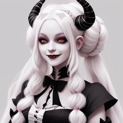 AI generated: YoungTiefling woman with a pastel dress, long white hair with two side buns and black stripes, and b...