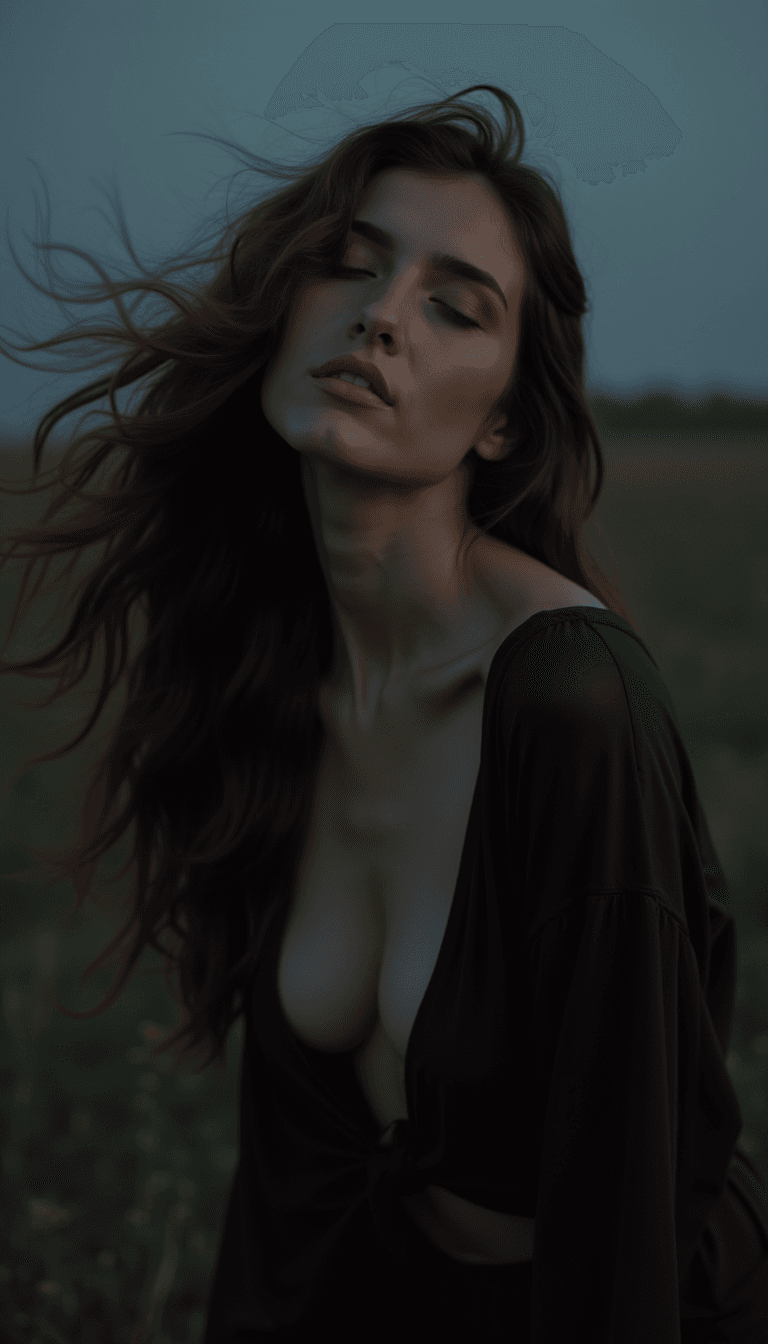 AI generated: photograph of a 29 year old sensual woman head turned to the side and slightly tilted up with her ey...