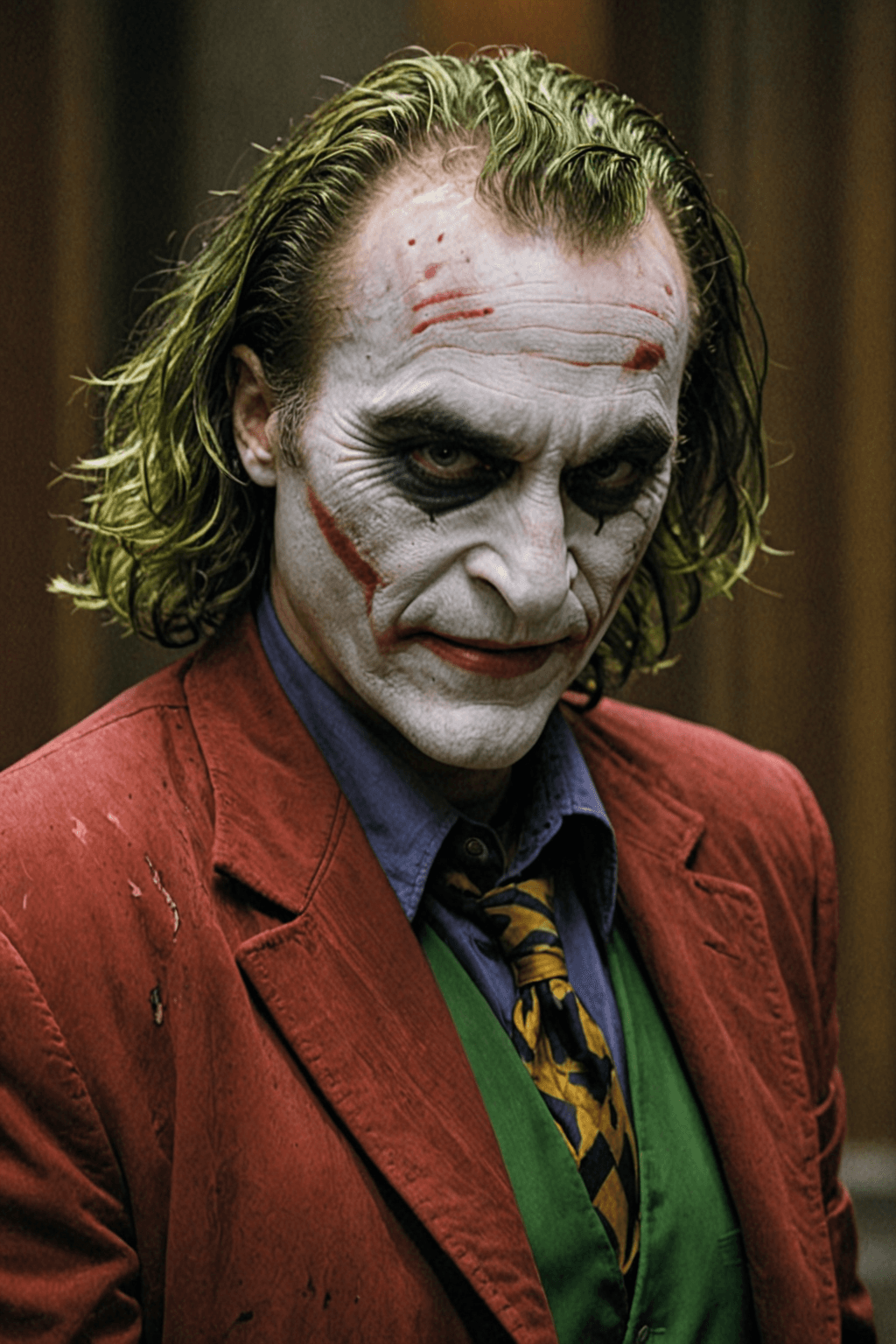 AI generated: <lora:JoaquinPhoenixDoguXLuse@1.24:1> jqwx man, (55 y.o), (dressed as the joker), red jacket, wrinkl...