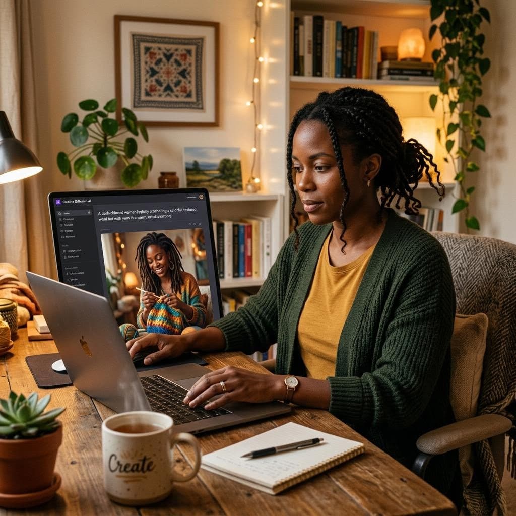 AI generated: A highly detailed, realistic scene of a dark-skinned woman sitting at her desk in a cozy, modern wor...