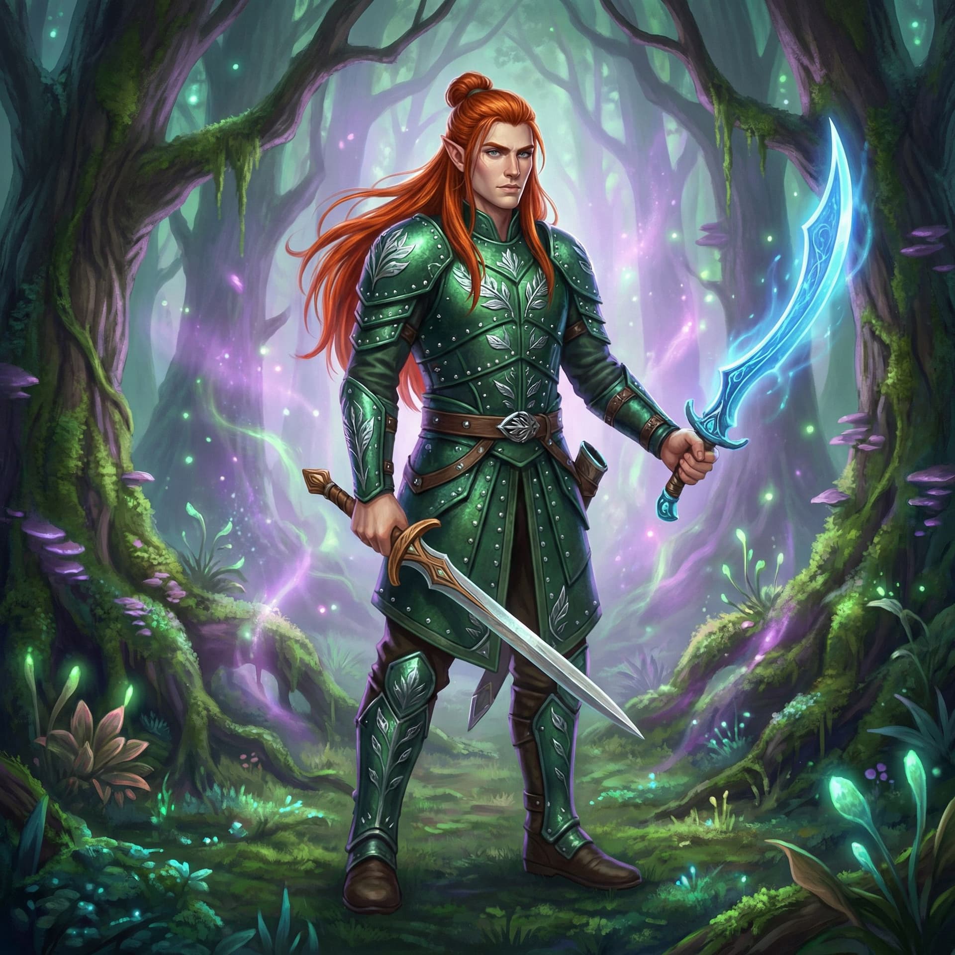 AI generated: male wood elf paladin, long red hair in a topknot, wearing shimmering studded leather armor, wieldin...