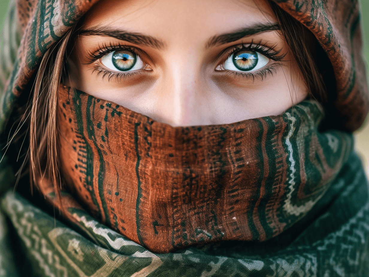 AI generated: Editorial Photography, a close up of the eyes of a young woman, beautiful intense green eyes,  maske...