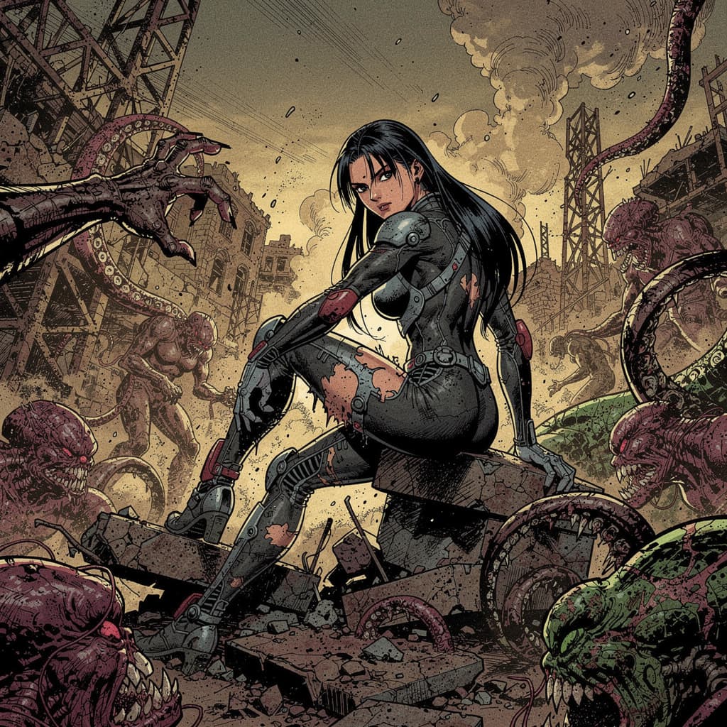 AI generated: score_9, score_8_up, score_7_up, by Serpieri, ((comic panels)), 1girl, nude, solo, dark hair, sultry...
