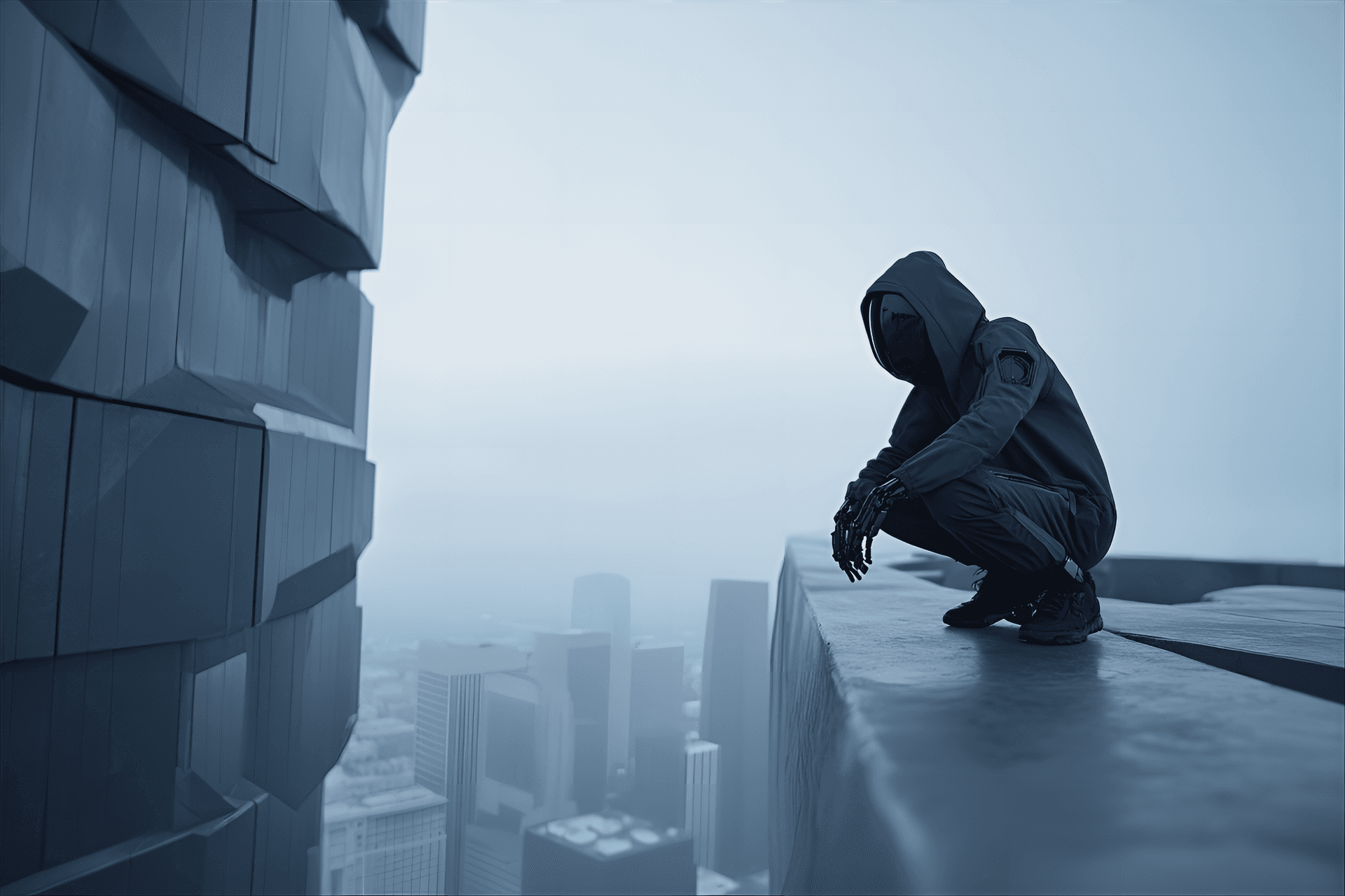 AI generated: dark sci-fi, futuristic stealth style, an agile android crouching on a cityscape ledge, minimalist c...