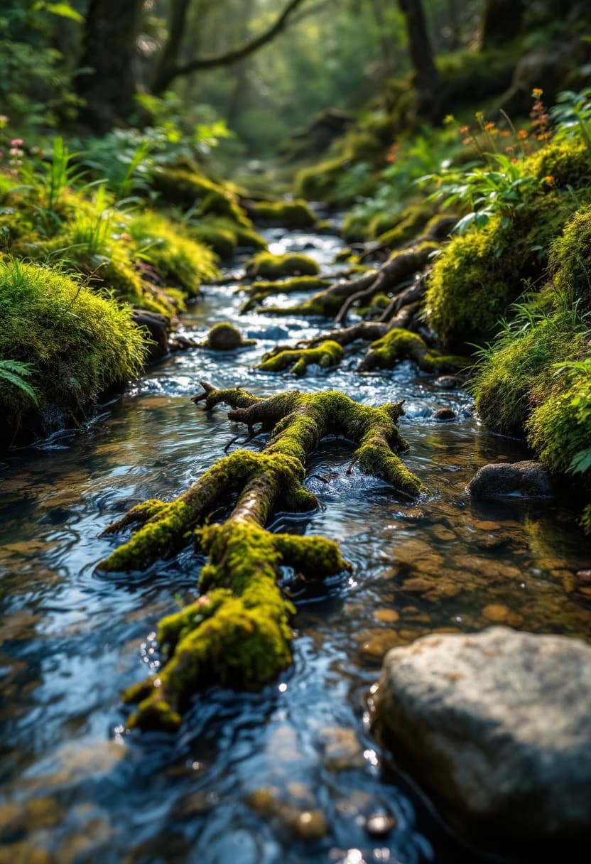 AI generated: little narrow winding Creek，realistic slow Water Flow，crystal clear water, stone, some sand underwat...