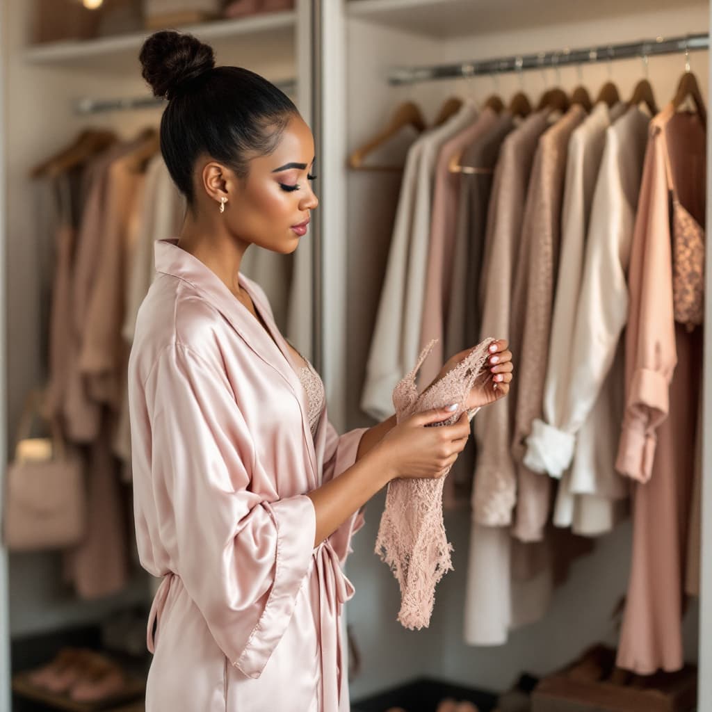 AI generated: A poised young woman with her hair styled in a sleek bun, standing in front of an open wardrobe in a...