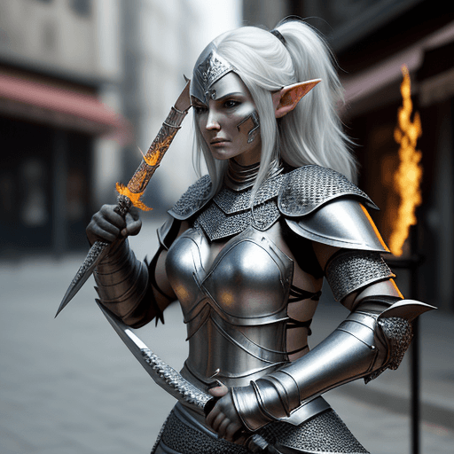 AI generated: Elf, warrior woman in chainmail armour weilding a flaming sword. She is a fierce warrior on the batt...