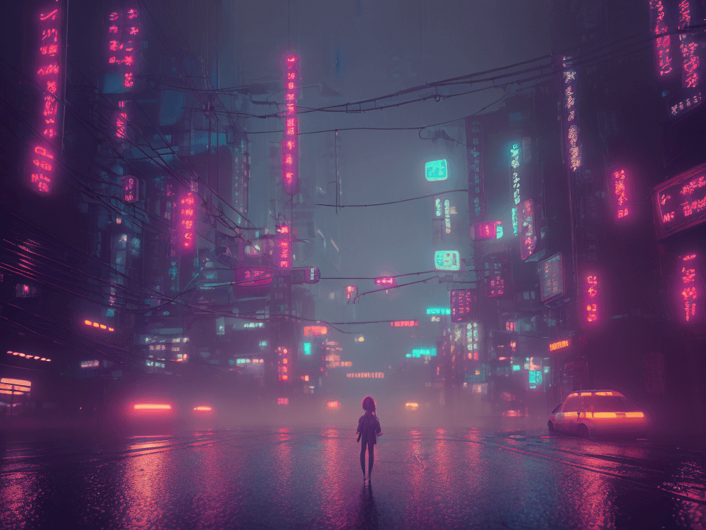 AI generated: girl, rainy foggy cyberpunk city neo tokyo, cinematic lighting, reflections, 4k, hyperrealistic, foc...