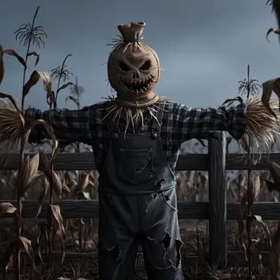 AI generated video: centered highly detailed acrylic image of a spooky scarecrow in a fenced in corn field with stalks o...