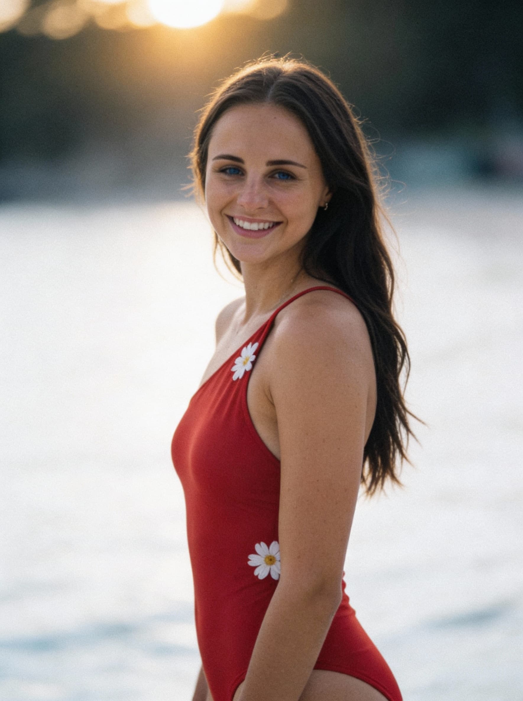 AI generated: A 35mm film photograph of a woman in her 20s, wearing a tight single-shoulder swimsuit with a spaghe...