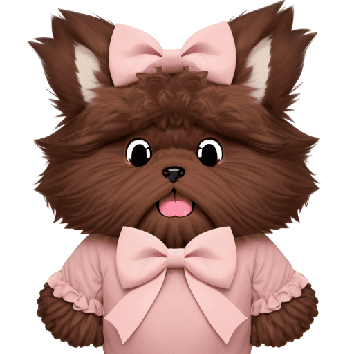 AI generated: very disgust face brown fluffy character wearing a pink bow on white background.