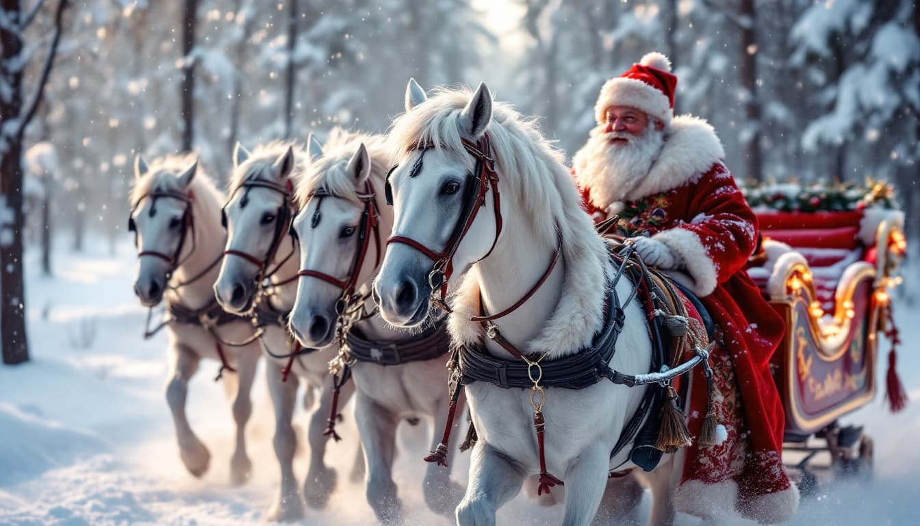 AI generated: Cinematographic scene. Winter forest covered with snow. Russian troika. Horse team made up of snow-w...
