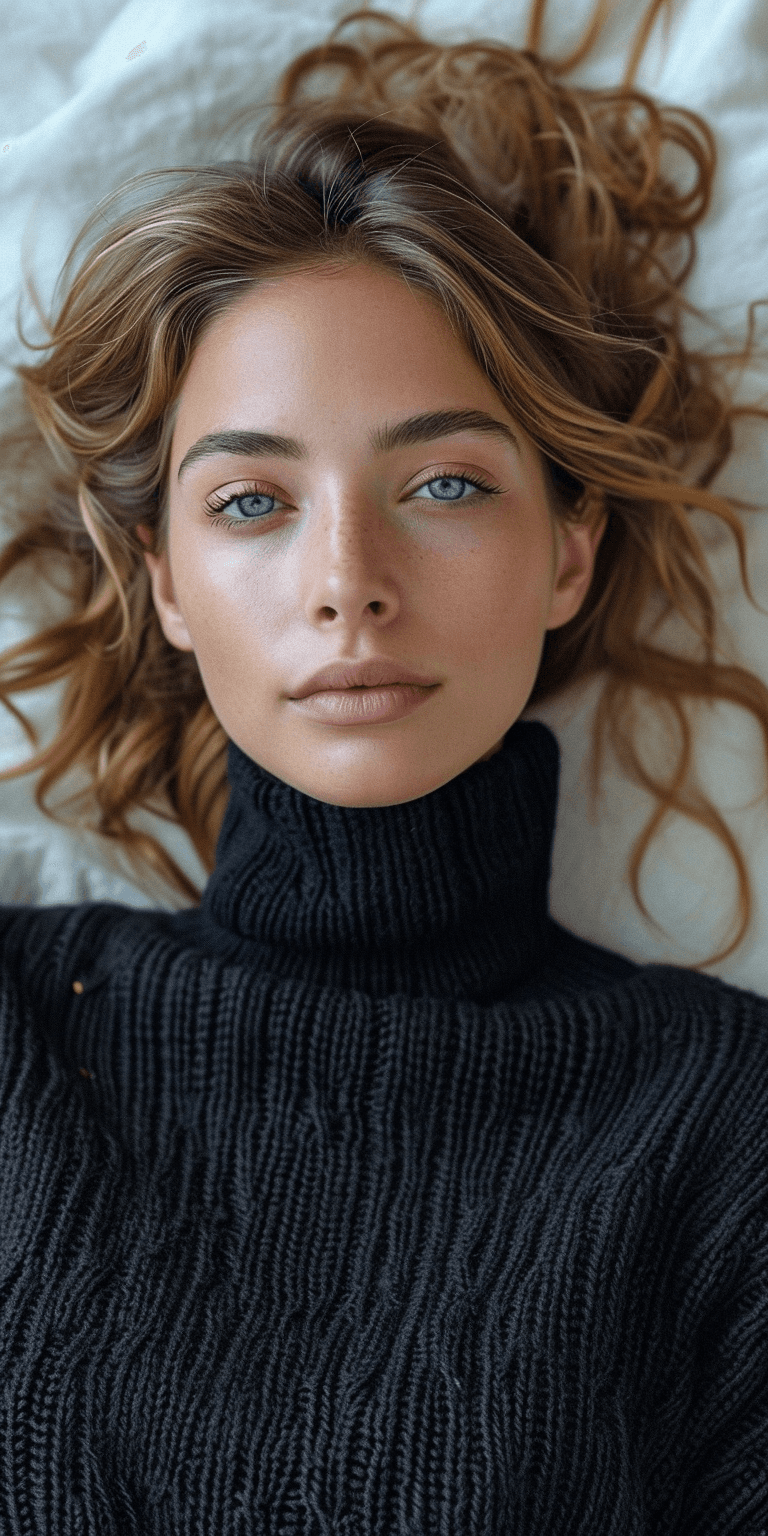 AI generated: a beautiful woman laying down in a black turtleneck sweater, in the style of seb mckinnon, dullcore,...