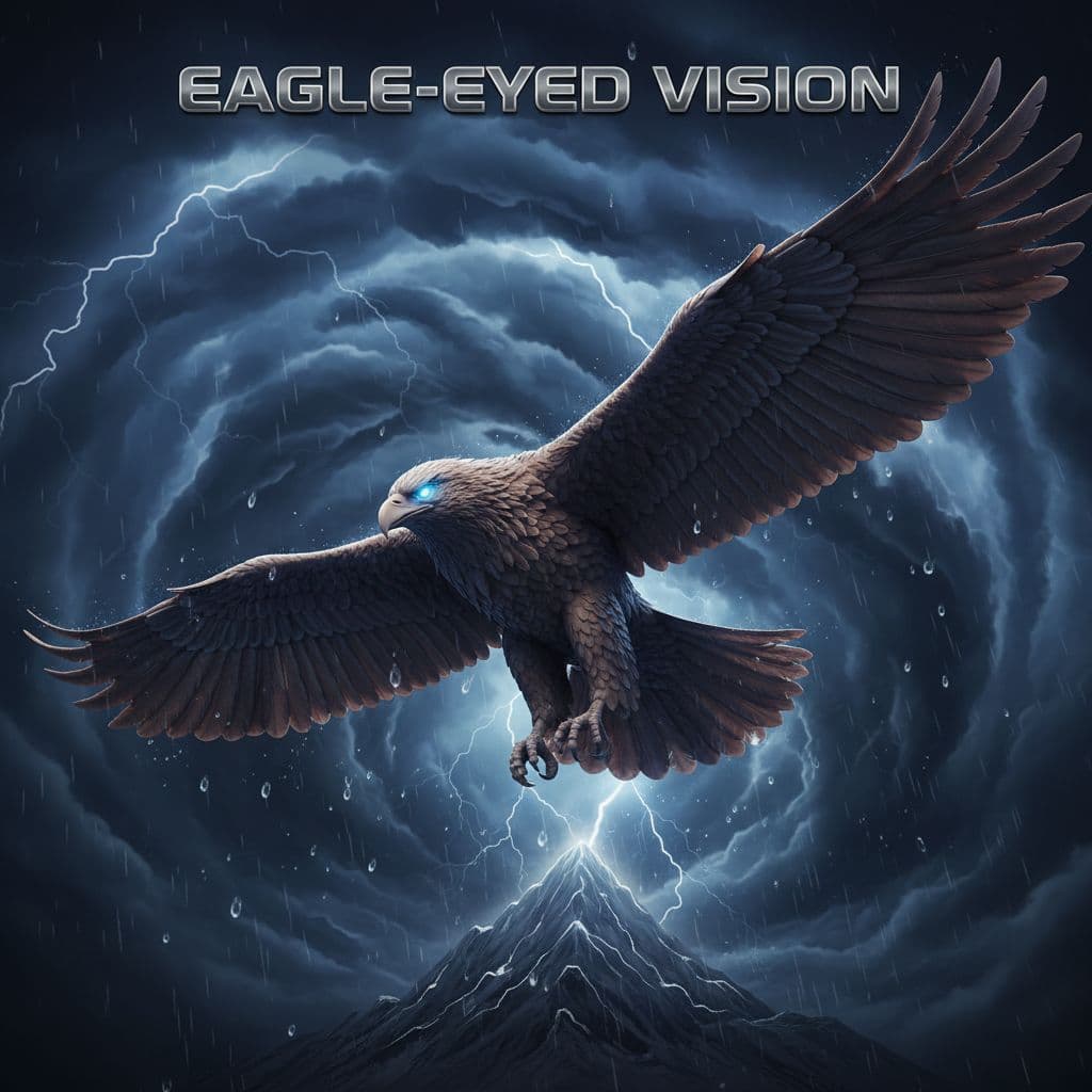 AI generated: "Eagle-Eyed Vision" — 3D eagle soaring above storm