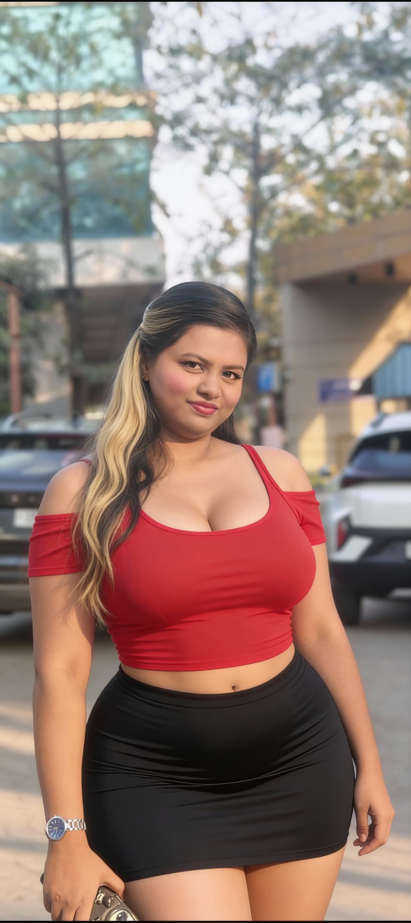 AI generated: Sue confidentially flex her curves in red color off shoulder tank top she have heavy bust area of br...