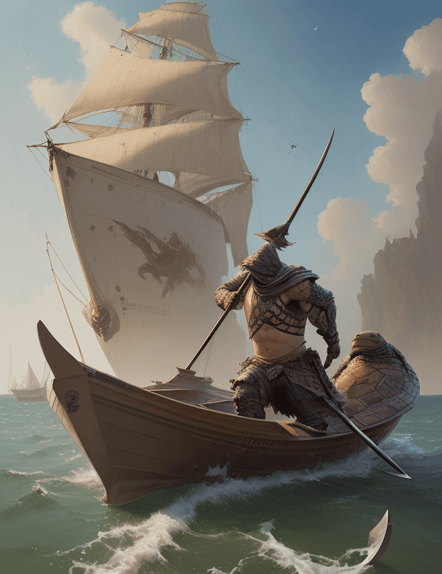 AI generated: A turtle with halberd on the deck of a boat by Greg Rutkowski, oil painting, heavy strokes, highly d...