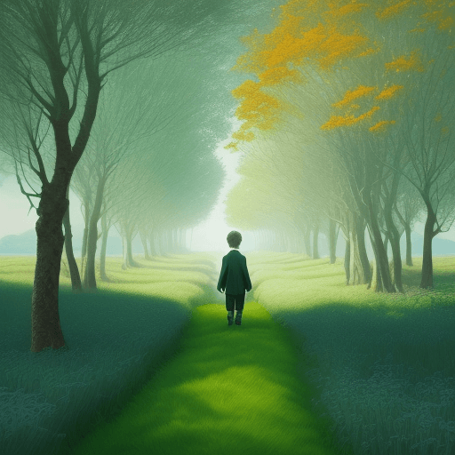 AI generated: a boy walking through a field, in the style of ethereal trees, dark green and azure, majestic, sweep...