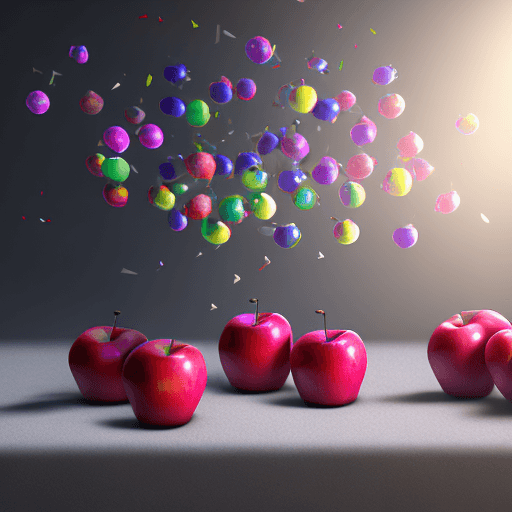 AI generated: 3D render conceptual stilllife with Sony digital camera with chromatic apples flying around the came...