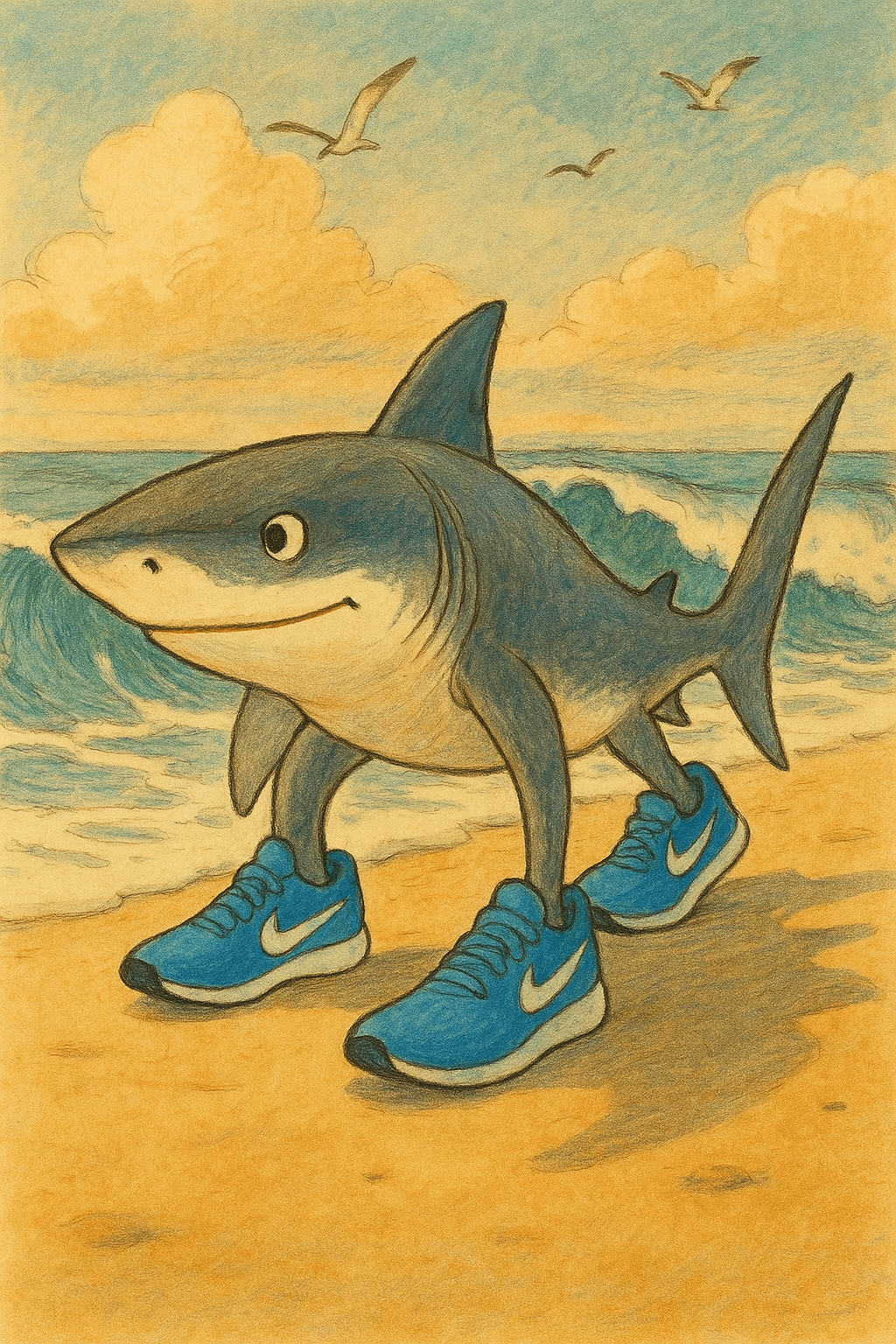 AI generated: A whimsical illustration of a happy shark standing on the beach wearing bright blue Nike sneakers on...