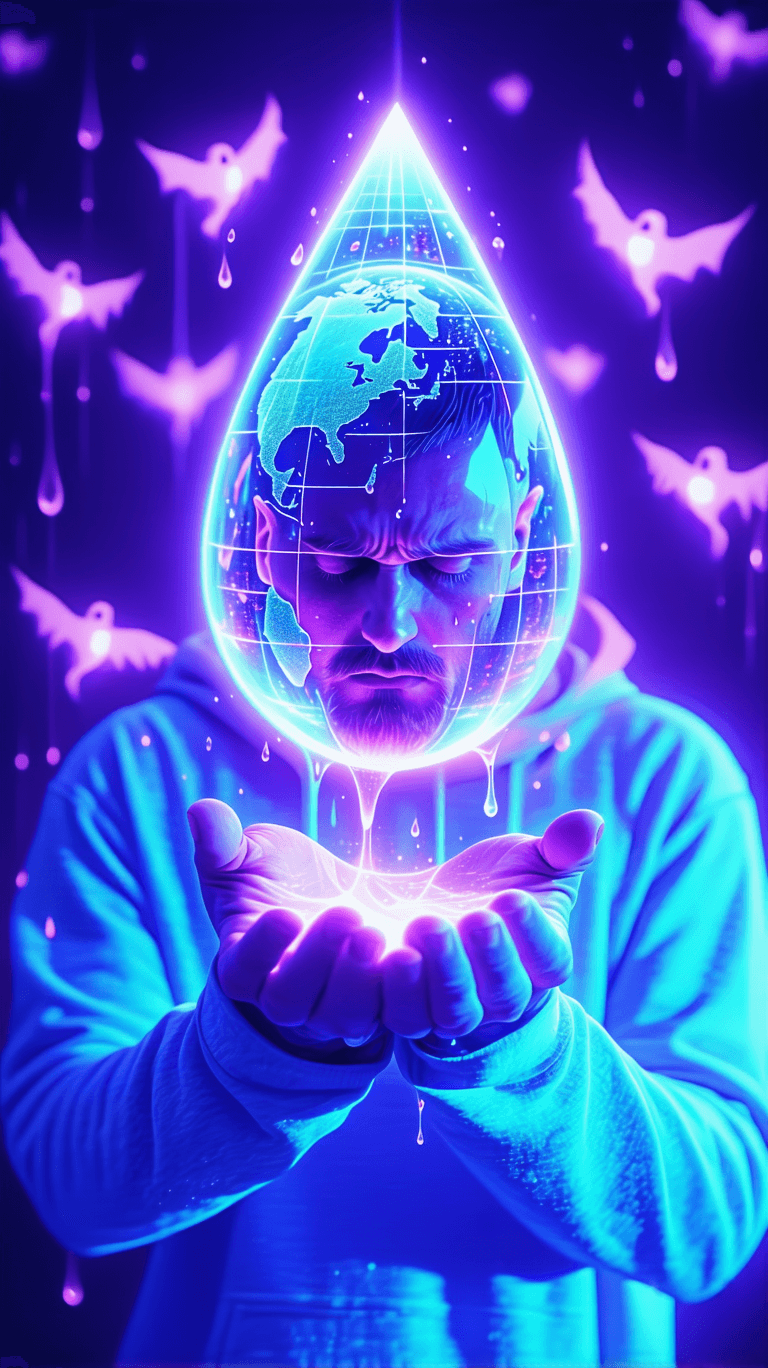 AI generated: Album Cover of A depressive man holding holographic tears in his hands against a tilling pattern of ...