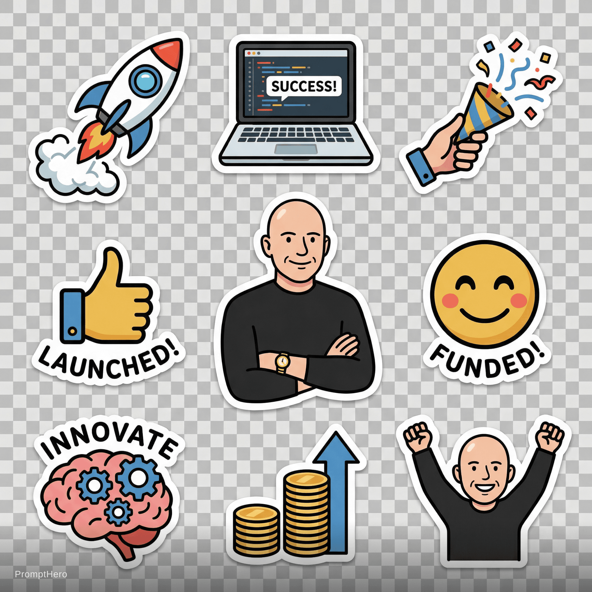 AI generated: tech startup stickers based on the uploaded logo, rocket ships, laptops, celebration emojis, modern ...