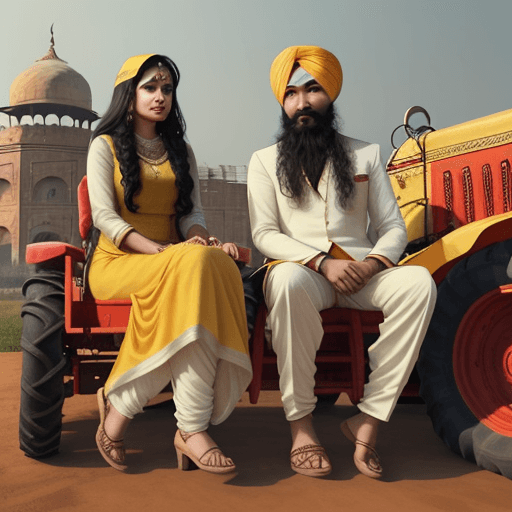 AI generated: many Punjabi woman, with long hair in Punjabi suits, and many sikh boy, both wearing white suits and...