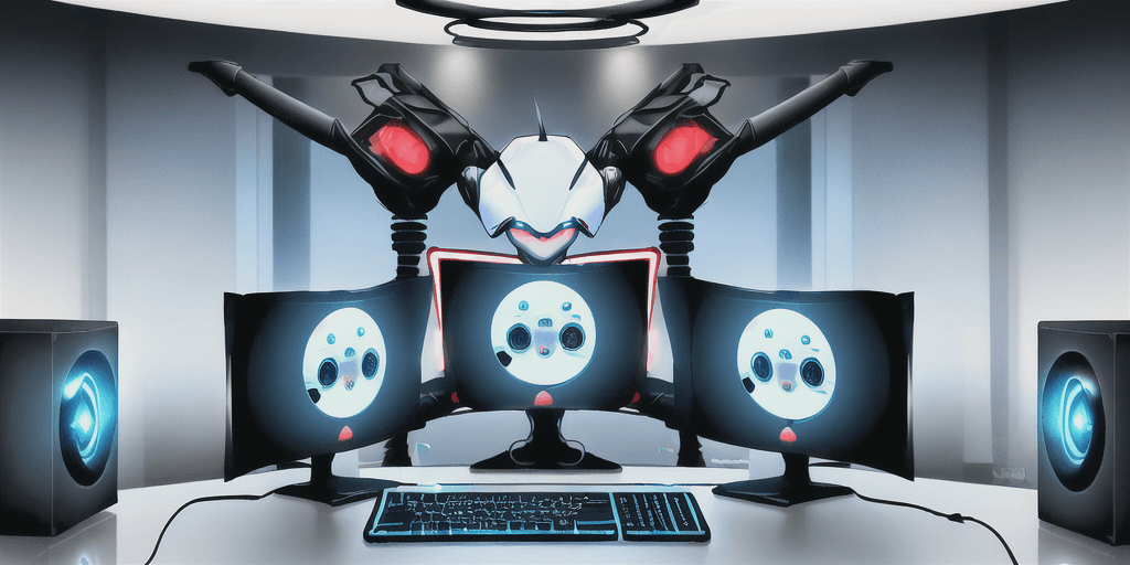 AI generated: In the background there are personal computers, keyboards, monitor, different pc components. In the ...