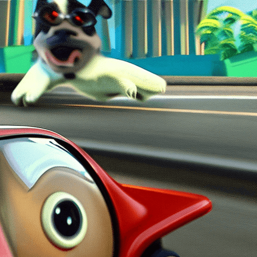 AI generated: a pixar disney funny dog, driving a motorcycle through brazil streets, close to the beach