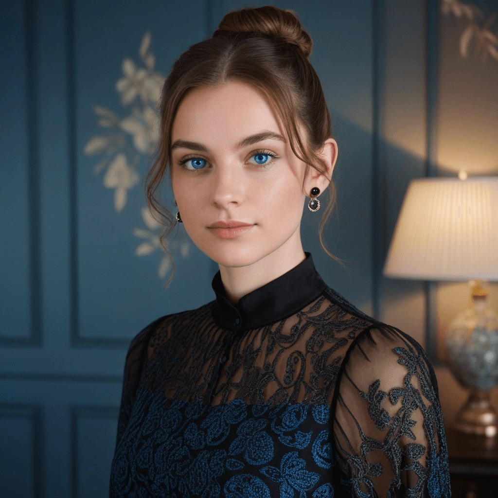 AI generated: **Pose with Outfit**:  
She is wearing a black sheer top with intricate, abstract patterns.The woma...