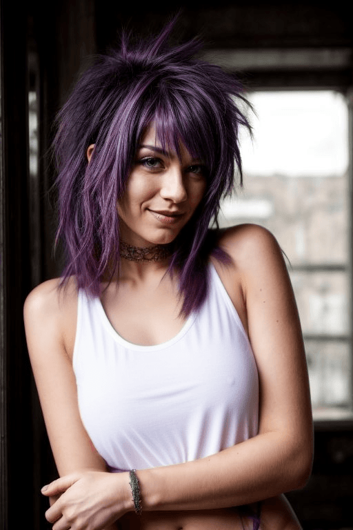 AI generated: beautiful punk, messy purple hair, white tank top, pair of black boots, she has a confident yet frie...