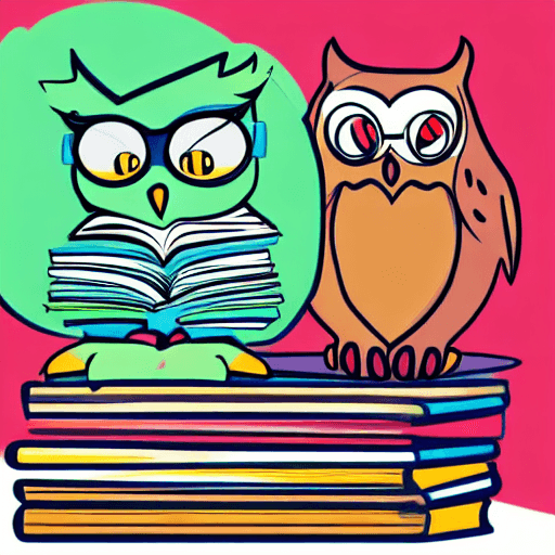 AI generated: An owl wearing round glasses, next to a pile of books in different colors. On a white background. ca...