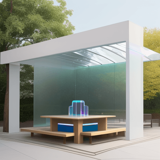 AI generated: the walls are whitebrick. there is a bench with a tree in the model. there are iridescent color chai...